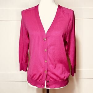 Trina Turk Cotton Knit Cardigan Sweater Women’s Sz L Gold‎ Metal Buttons Pink